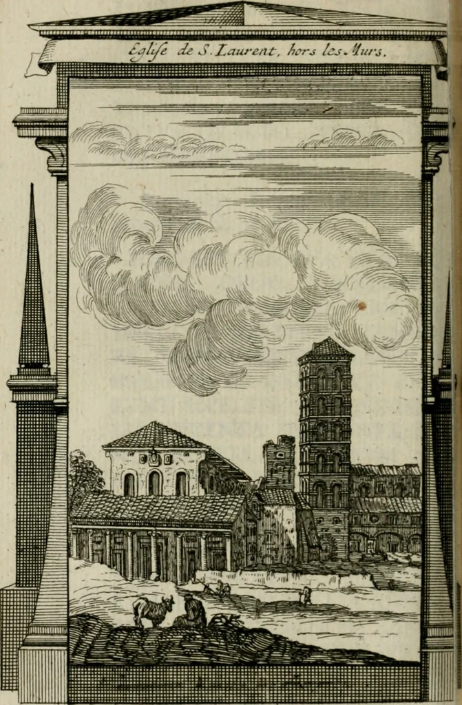 An illustration from Rome moderne : premiére ville de l'Europe : avec toutes ses magnificences et ses delices : nouvellement & très-exactement décrite ... : ce qui est suivi d'une description très-exacte du gouvernement & de l'Etat de Rome, aussi bien que des fonctions publiques du Pape & de tous ceux qui ont des emplois auprès de lui ... : le tout divisé en six tomes, 1713, leaf 175