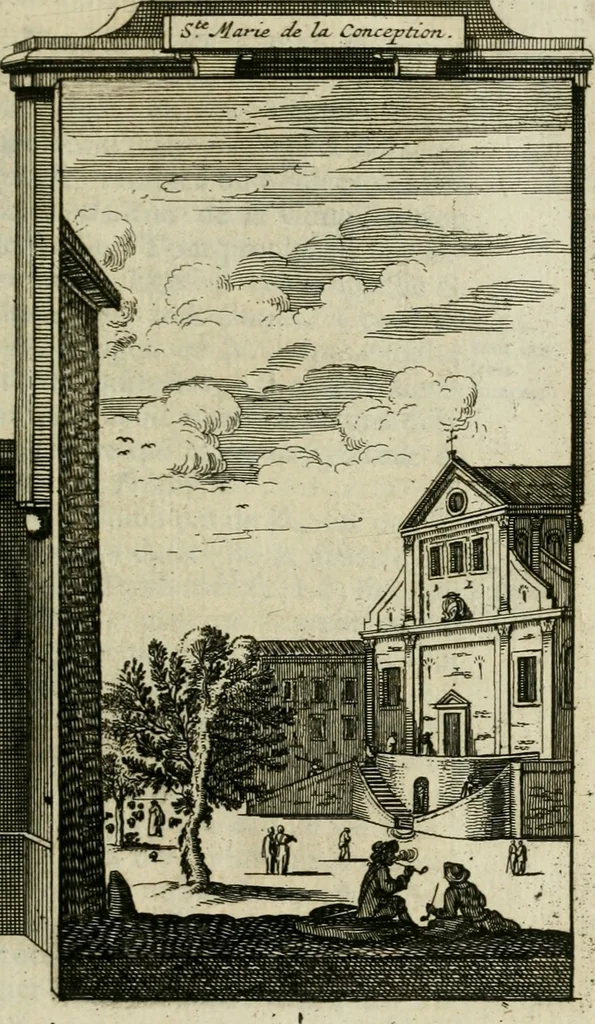 An illustration from Rome moderne : premiére ville de l'Europe : avec toutes ses magnificences et ses delices : nouvellement & très-exactement décrite ... : ce qui est suivi d'une description très-exacte du gouvernement & de l'Etat de Rome, aussi bien que des fonctions publiques du Pape & de tous ceux qui ont des emplois auprès de lui ... : le tout divisé en six tomes, 1713, leaf 28