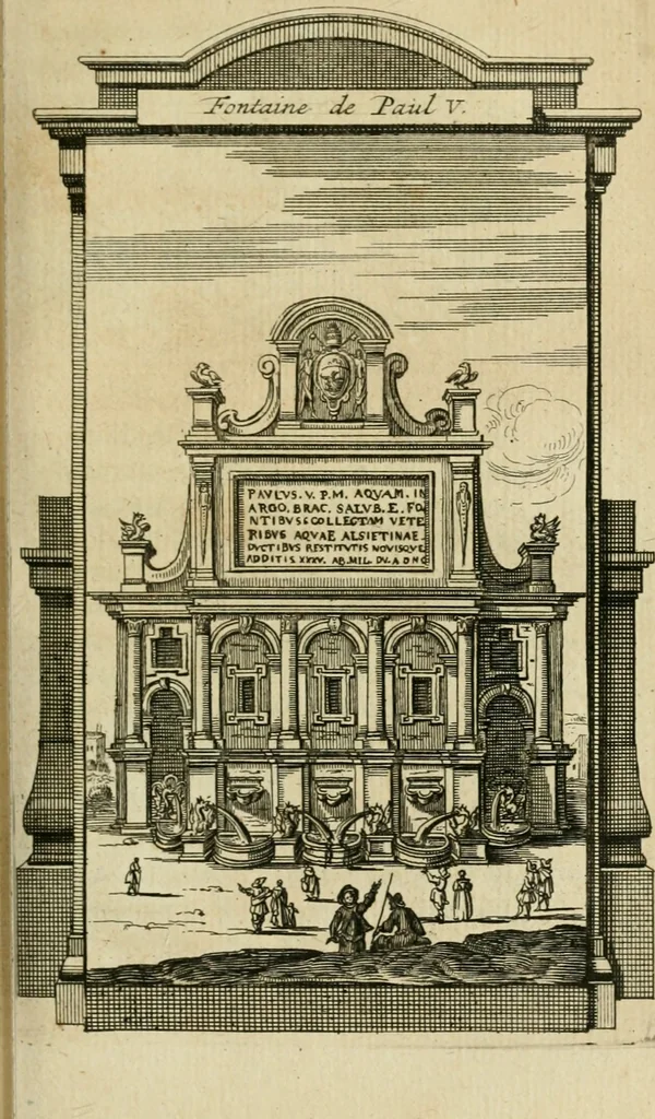An illustration from Rome moderne : premiére ville de l'Europe : avec toutes ses magnificences et ses delices : nouvellement & très-exactement décrite ... : ce qui est suivi d'une description très-exacte du gouvernement & de l'Etat de Rome, aussi bien que des fonctions publiques du Pape & de tous ceux qui ont des emplois auprès de lui ... : le tout divisé en six tomes, 1713, leaf 396