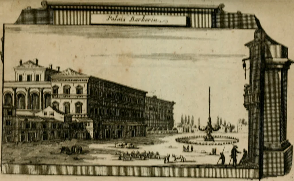 An illustration from Rome moderne : premiére ville de l'Europe : avec toutes ses magnificences et ses delices : nouvellement & très-exactement décrite ... : ce qui est suivi d'une description très-exacte du gouvernement & de l'Etat de Rome, aussi bien que des fonctions publiques du Pape & de tous ceux qui ont des emplois auprès de lui ... : le tout divisé en six tomes, 1713, leaf 417