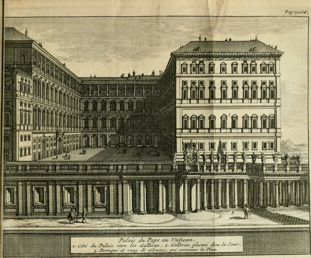 An illustration from Rome moderne : premiére ville de l'Europe : avec toutes ses magnificences et ses delices : nouvellement & très-exactement décrite ... : ce qui est suivi d'une description très-exacte du gouvernement & de l'Etat de Rome, aussi bien que des fonctions publiques du Pape & de tous ceux qui ont des emplois auprès de lui ... : le tout divisé en six tomes, 1713, leaf 536