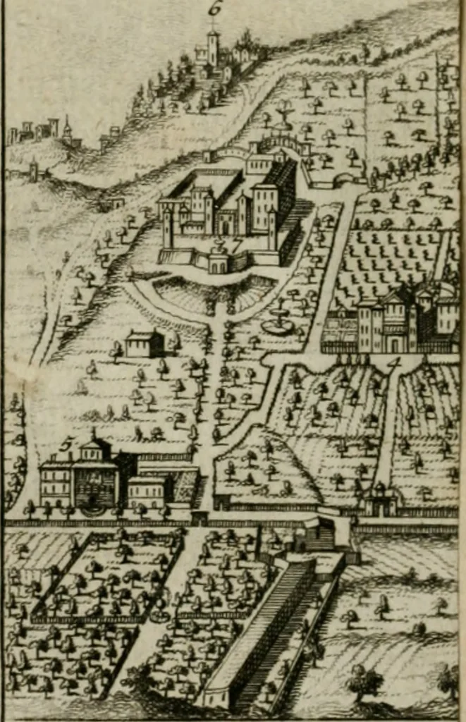 An illustration from Rome moderne : premiére ville de l'Europe : avec toutes ses magnificences et ses delices : nouvellement & très-exactement décrite ... : ce qui est suivi d'une description très-exacte du gouvernement & de l'Etat de Rome, aussi bien que des fonctions publiques du Pape & de tous ceux qui ont des emplois auprès de lui ... : le tout divisé en six tomes, 1713, leaf 575