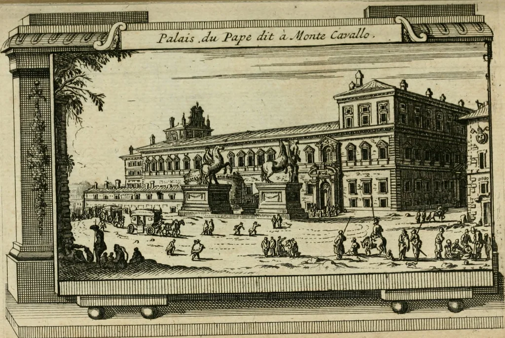 An illustration from Rome moderne : premiére ville de l'Europe : avec toutes ses magnificences et ses delices : nouvellement & très-exactement décrite ... : ce qui est suivi d'une description très-exacte du gouvernement & de l'Etat de Rome, aussi bien que des fonctions publiques du Pape & de tous ceux qui ont des emplois auprès de lui ... : le tout divisé en six tomes, 1713, leaf 72