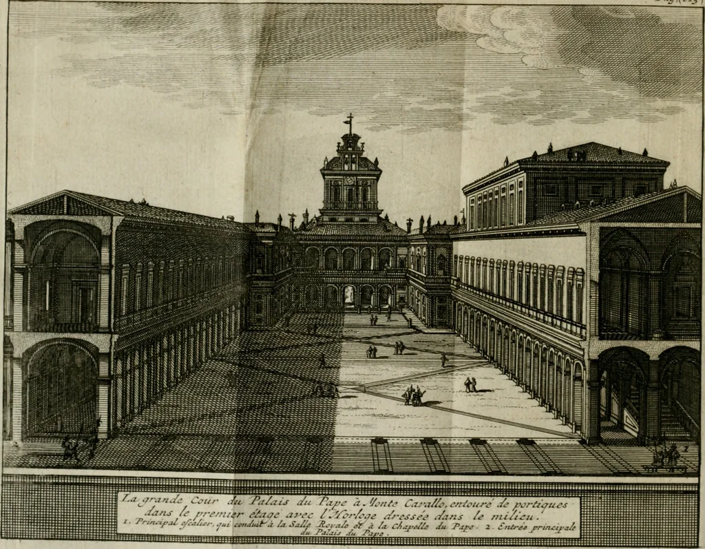 An illustration from Rome moderne : premiére ville de l'Europe : avec toutes ses magnificences et ses delices : nouvellement & très-exactement décrite ... : ce qui est suivi d'une description très-exacte du gouvernement & de l'Etat de Rome, aussi bien que des fonctions publiques du Pape & de tous ceux qui ont des emplois auprès de lui ... : le tout divisé en six tomes, 1713, leaf 75