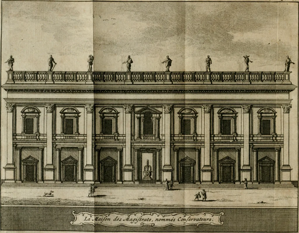 An illustration from Rome moderne : premiére ville de l'Europe : avec toutes ses magnificences et ses delices : nouvellement & très-exactement décrite ... : ce qui est suivi d'une description très-exacte du gouvernement & de l'Etat de Rome, aussi bien que des fonctions publiques du Pape & de tous ceux qui ont des emplois auprès de lui ... : le tout divisé en six tomes, 1713, leaf 129