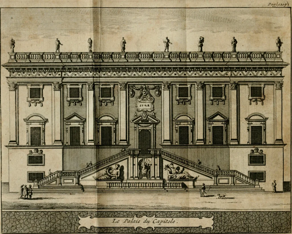 An illustration from Rome moderne : premiére ville de l'Europe : avec toutes ses magnificences et ses delices : nouvellement & très-exactement décrite ... : ce qui est suivi d'une description très-exacte du gouvernement & de l'Etat de Rome, aussi bien que des fonctions publiques du Pape & de tous ceux qui ont des emplois auprès de lui ... : le tout divisé en six tomes, 1713, leaf 135
