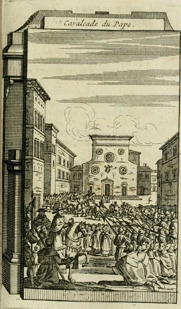 An illustration from Rome moderne : premiére ville de l'Europe : avec toutes ses magnificences et ses delices : nouvellement & très-exactement décrite ... : ce qui est suivi d'une description très-exacte du gouvernement & de l'Etat de Rome, aussi bien que des fonctions publiques du Pape & de tous ceux qui ont des emplois auprès de lui ... : le tout divisé en six tomes, 1713, leaf 284