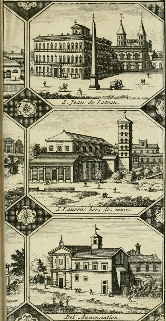 An illustration from Rome moderne : premiére ville de l'Europe : avec toutes ses magnificences et ses delices : nouvellement & très-exactement décrite ... : ce qui est suivi d'une description très-exacte du gouvernement & de l'Etat de Rome, aussi bien que des fonctions publiques du Pape & de tous ceux qui ont des emplois auprès de lui ... : le tout divisé en six tomes, 1713, leaf 406