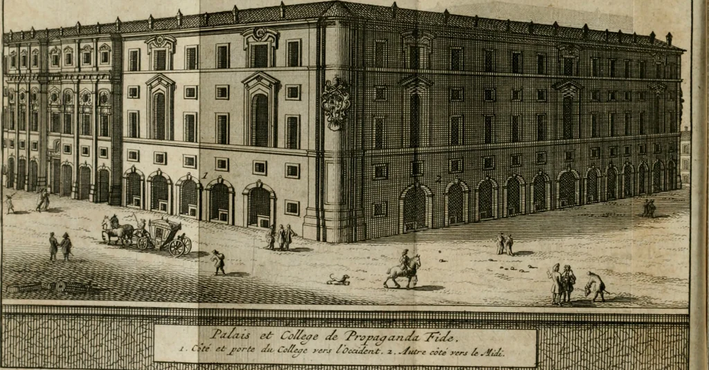 An illustration from Rome moderne : premiére ville de l'Europe : avec toutes ses magnificences et ses delices : nouvellement & très-exactement décrite ... : ce qui est suivi d'une description très-exacte du gouvernement & de l'Etat de Rome, aussi bien que des fonctions publiques du Pape & de tous ceux qui ont des emplois auprès de lui ... : le tout divisé en six tomes, 1713, leaf 59