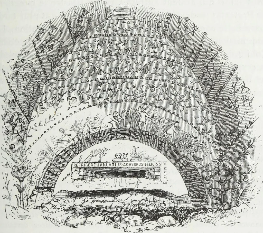 An illustration from Rome souterraine : resume des decouvertes de M. de Rossi dans les catacombes romaines, et en particulier dans le cimetiere de Calliste, 1872, leaf 136