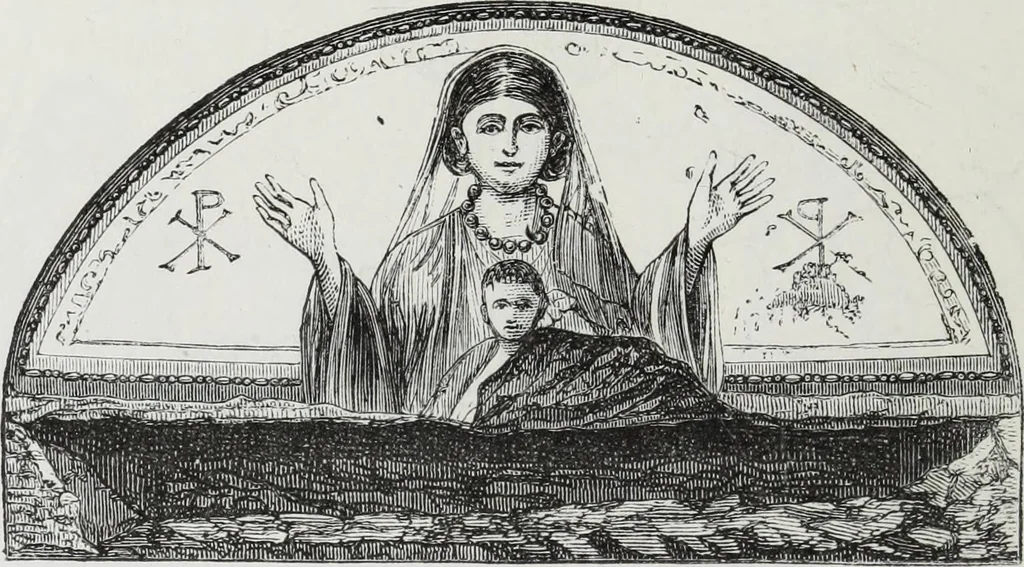 An illustration from Rome souterraine : resume des decouvertes de M. de Rossi dans les catacombes romaines, et en particulier dans le cimetiere de Calliste, 1872, leaf 359