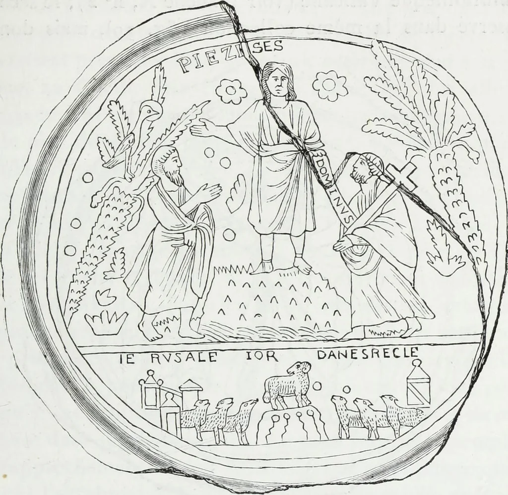 An illustration from Rome souterraine : resume des decouvertes de M. de Rossi dans les catacombes romaines, et en particulier dans le cimetiere de Calliste, 1872, leaf 394