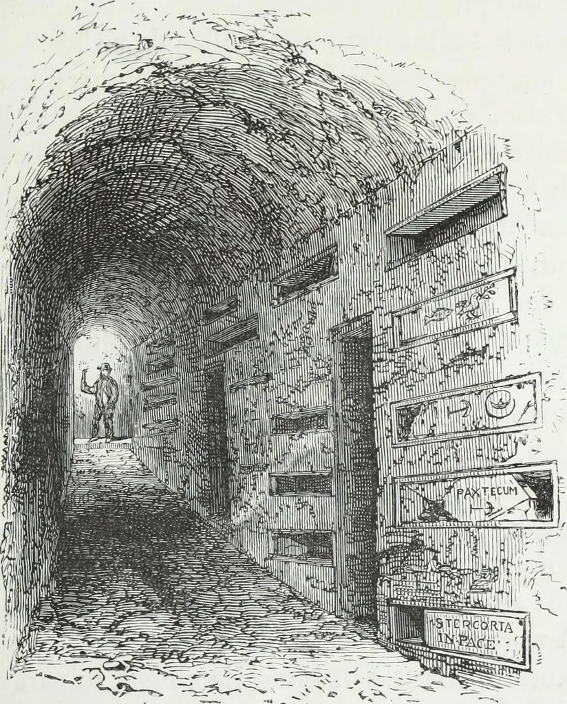 An illustration from Rome souterraine : resume des decouvertes de M. de Rossi dans les catacombes romaines, et en particulier dans le cimetiere de Calliste, 1872, leaf 64