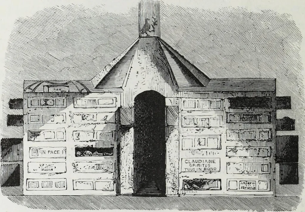 An illustration from Rome souterraine : resume des decouvertes de M. de Rossi dans les catacombes romaines, et en particulier dans le cimetiere de Calliste, 1872, leaf 69