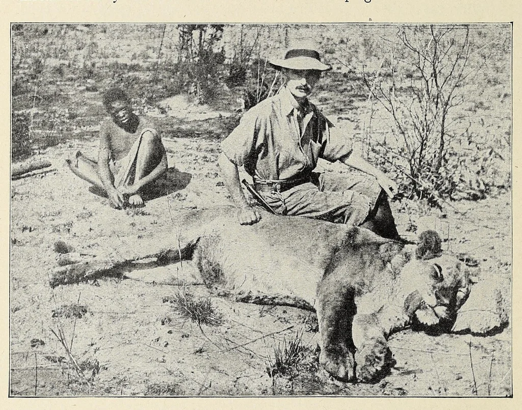 An illustration from Roosevelt in Africa : graphic account of the world's most renowned hunter in the wilds of Africa, his unerring aim and wonderful ability as a hunter, encounters with lions, tigers, elephants and other wild beasts of the jungle : containing also a complete history and study of wild animals of the world, their appearance, habits, traits of character and every detail of their wild life, with thrilling and exciting experiences of hunters of big game in all parts of the globe, including mortal combats between ferocious wild animals, dangerous and daring exploits, and hair-breadth escapes, 1909, leaf 32