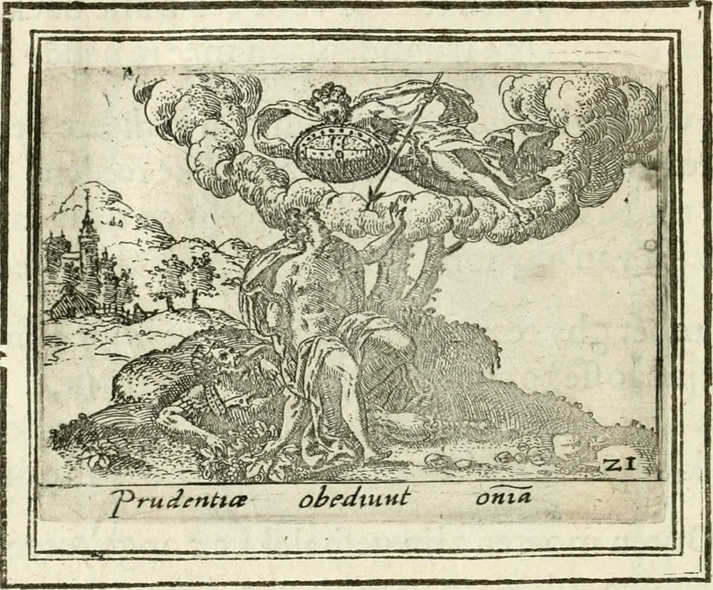 An illustration from Bellerophon, of, Lust tot vvysheyd : begrijpende veel zeedighe, stichtlijcke en leerlijcke sinne-beelden met haere verklaringhen, 1614, leaf 45