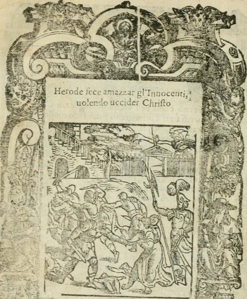 An illustration from Rosario della gloriosa Vergine Maria : con le stationi, & indulgentie delle chiese di Roma per tutto l'anno : di nuouo stampato, & ricorretto con nuoue & belle figure adornato, 1591, leaf 151