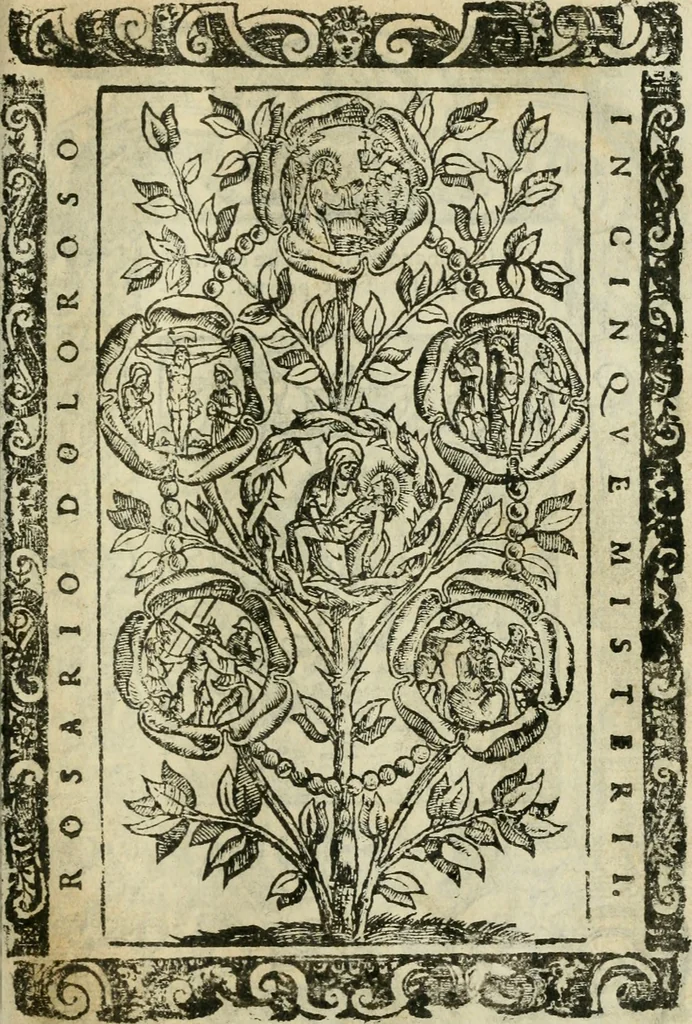 An illustration from Rosario della gloriosa Vergine Maria : con le stationi, & indulgentie delle chiese di Roma per tutto l'anno : di nuouo stampato, & ricorretto con nuoue & belle figure adornato, 1591, leaf 180