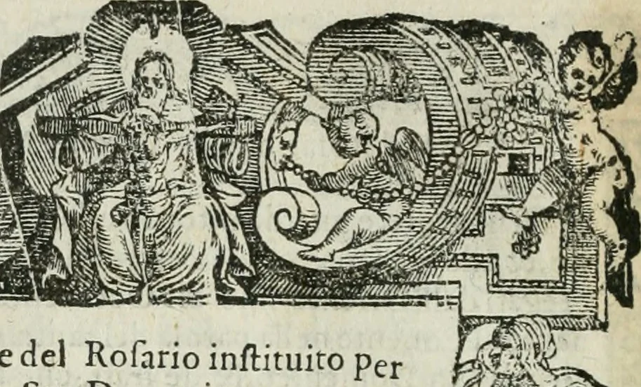 An illustration from Rosario della gloriosa Vergine Maria : con le stationi, & indulgentie delle chiese di Roma per tutto l'anno : di nuouo stampato, & ricorretto con nuoue & belle figure adornato, 1591, leaf 19