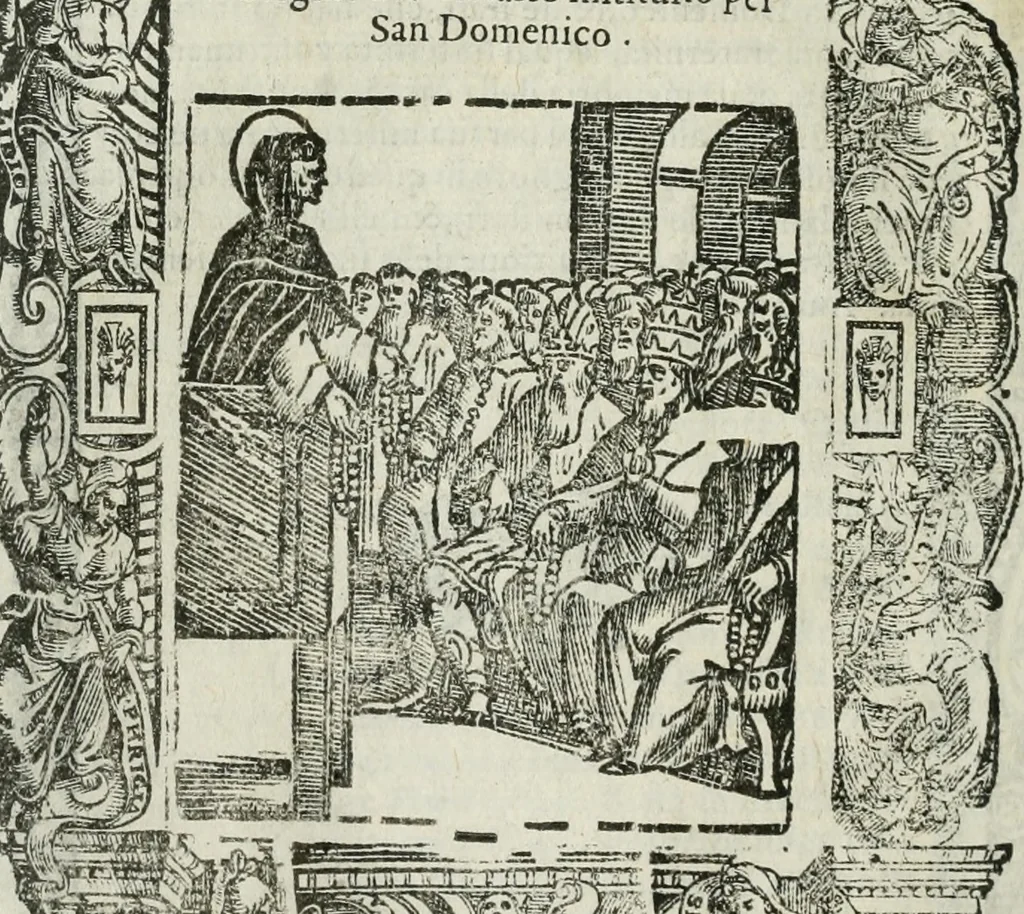 An illustration from Rosario della gloriosa Vergine Maria : con le stationi, & indulgentie delle chiese di Roma per tutto l'anno : di nuouo stampato, & ricorretto con nuoue & belle figure adornato, 1591, leaf 19
