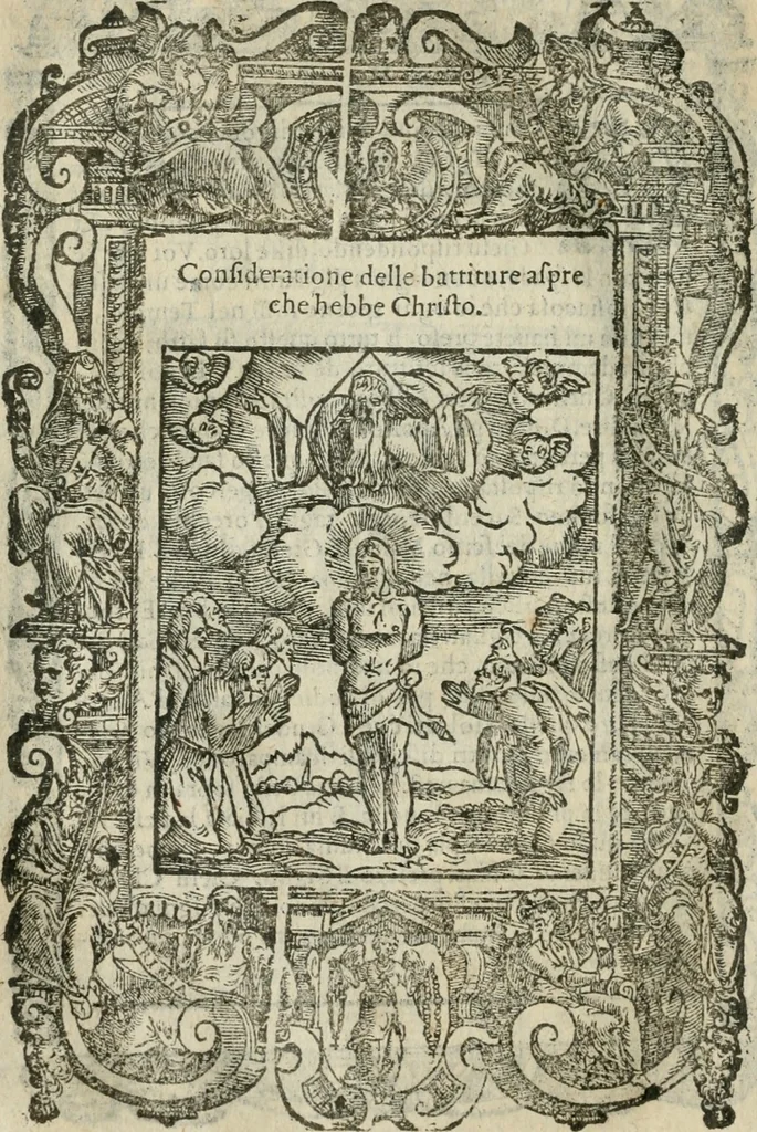 An illustration from Rosario della gloriosa Vergine Maria : con le stationi, & indulgentie delle chiese di Roma per tutto l'anno : di nuouo stampato, & ricorretto con nuoue & belle figure adornato, 1591, leaf 203