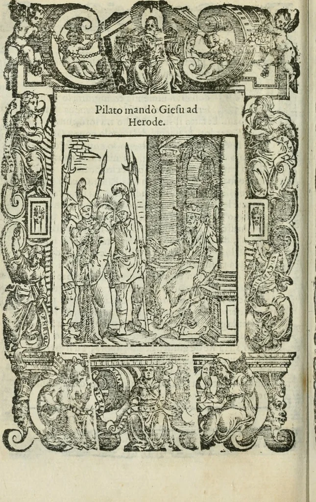 An illustration from Rosario della gloriosa Vergine Maria : con le stationi, & indulgentie delle chiese di Roma per tutto l'anno : di nuouo stampato, & ricorretto con nuoue & belle figure adornato, 1591, leaf 215