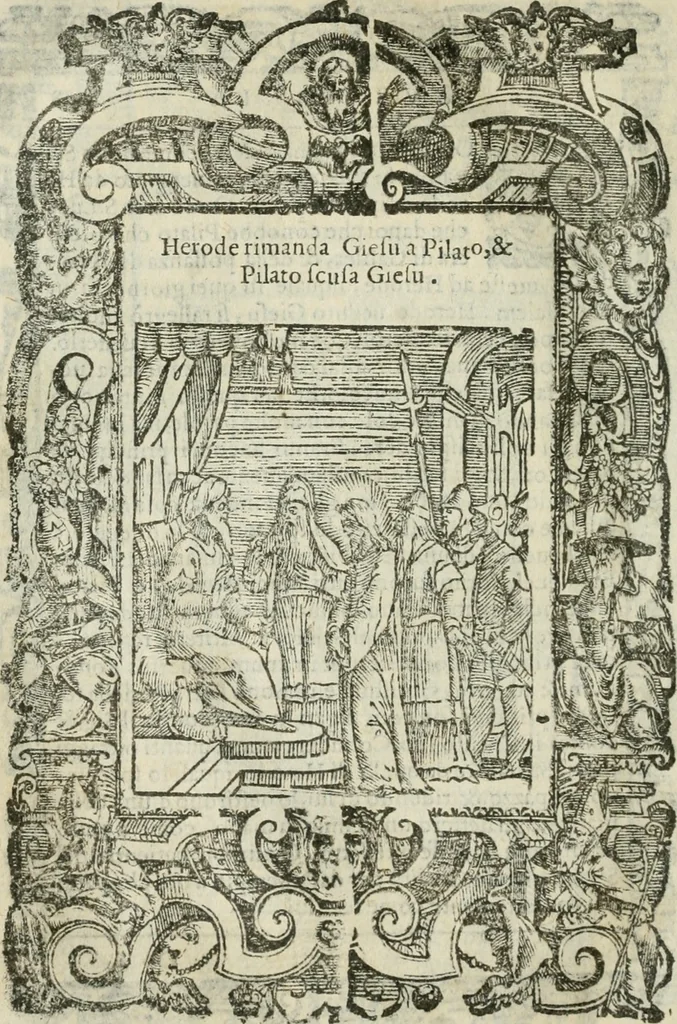 An illustration from Rosario della gloriosa Vergine Maria : con le stationi, & indulgentie delle chiese di Roma per tutto l'anno : di nuouo stampato, & ricorretto con nuoue & belle figure adornato, 1591, leaf 217