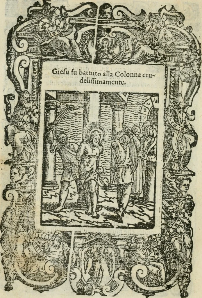 An illustration from Rosario della gloriosa Vergine Maria : con le stationi, & indulgentie delle chiese di Roma per tutto l'anno : di nuouo stampato, & ricorretto con nuoue & belle figure adornato, 1591, leaf 223