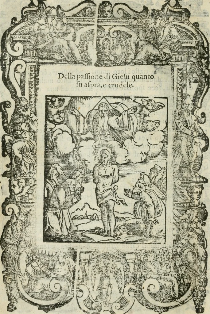 An illustration from Rosario della gloriosa Vergine Maria : con le stationi, & indulgentie delle chiese di Roma per tutto l'anno : di nuouo stampato, & ricorretto con nuoue & belle figure adornato, 1591, leaf 225