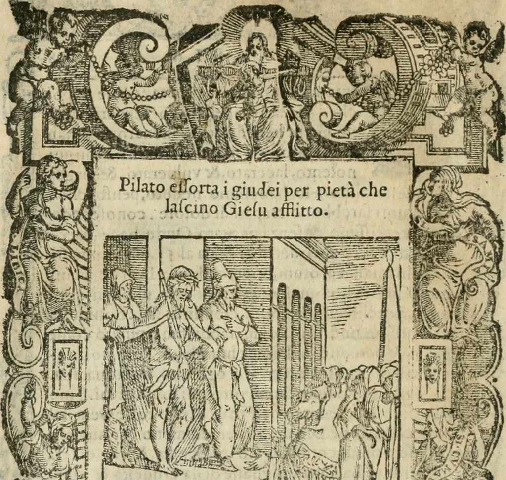 An illustration from Rosario della gloriosa Vergine Maria : con le stationi, & indulgentie delle chiese di Roma per tutto l'anno : di nuouo stampato, & ricorretto con nuoue & belle figure adornato, 1591, leaf 237