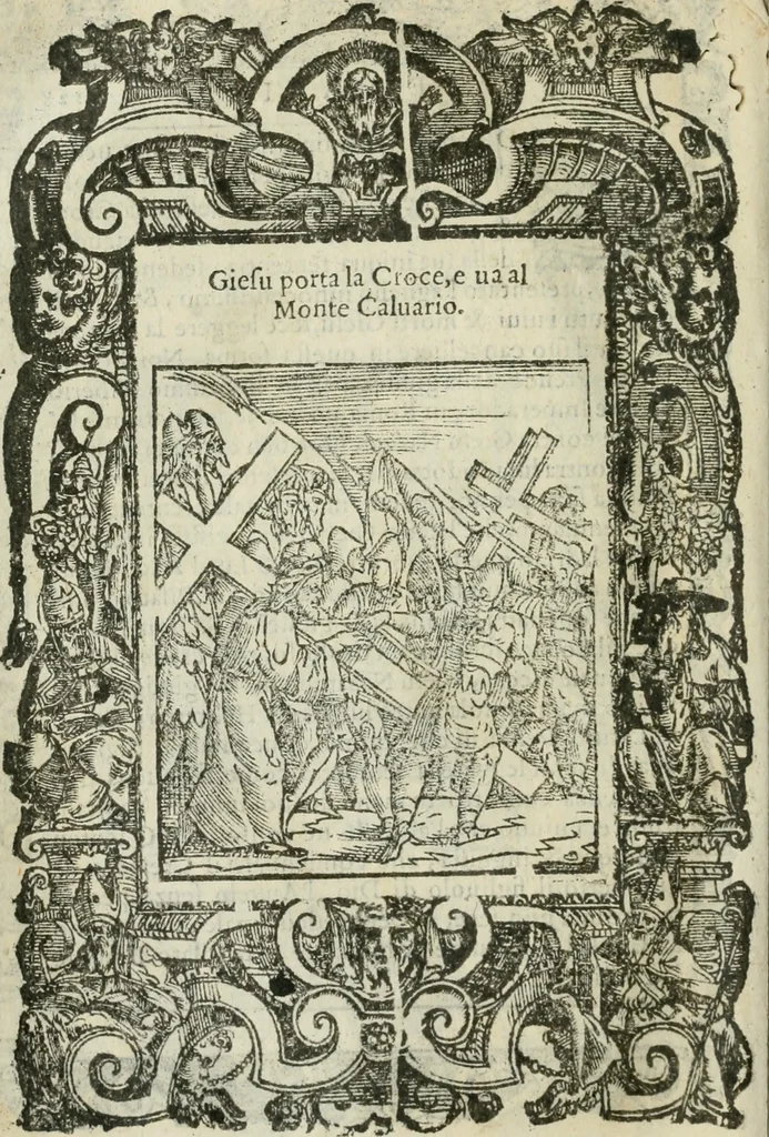 An illustration from Rosario della gloriosa Vergine Maria : con le stationi, & indulgentie delle chiese di Roma per tutto l'anno : di nuouo stampato, & ricorretto con nuoue & belle figure adornato, 1591, leaf 257