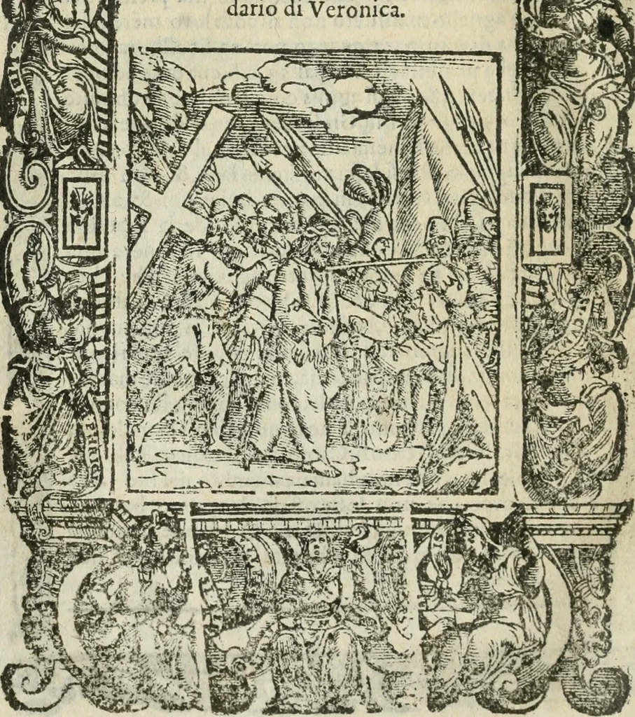 An illustration from Rosario della gloriosa Vergine Maria : con le stationi, & indulgentie delle chiese di Roma per tutto l'anno : di nuouo stampato, & ricorretto con nuoue & belle figure adornato, 1591, leaf 267