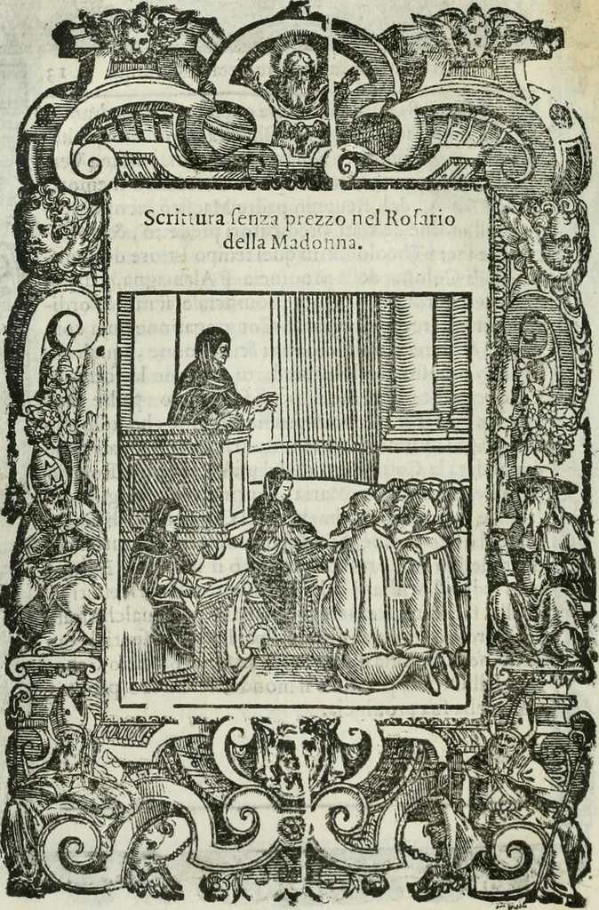 An illustration from Rosario della gloriosa Vergine Maria : con le stationi, & indulgentie delle chiese di Roma per tutto l'anno : di nuouo stampato, & ricorretto con nuoue & belle figure adornato, 1591, leaf 27