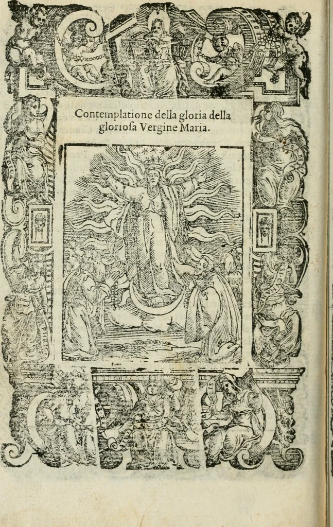 An illustration from Rosario della gloriosa Vergine Maria : con le stationi, & indulgentie delle chiese di Roma per tutto l'anno : di nuouo stampato, & ricorretto con nuoue & belle figure adornato, 1591, leaf 359