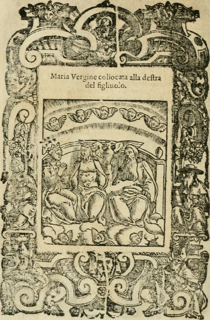An illustration from Rosario della gloriosa Vergine Maria : con le stationi, & indulgentie delle chiese di Roma per tutto l'anno : di nuouo stampato, & ricorretto con nuoue & belle figure adornato, 1591, leaf 375