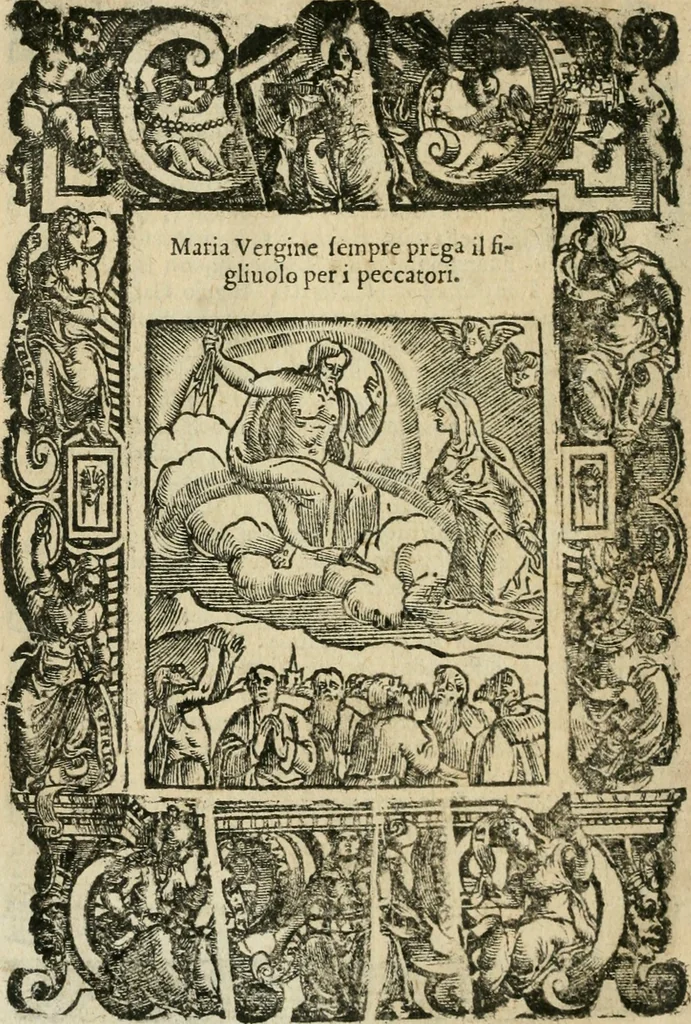 An illustration from Rosario della gloriosa Vergine Maria : con le stationi, & indulgentie delle chiese di Roma per tutto l'anno : di nuouo stampato, & ricorretto con nuoue & belle figure adornato, 1591, leaf 379