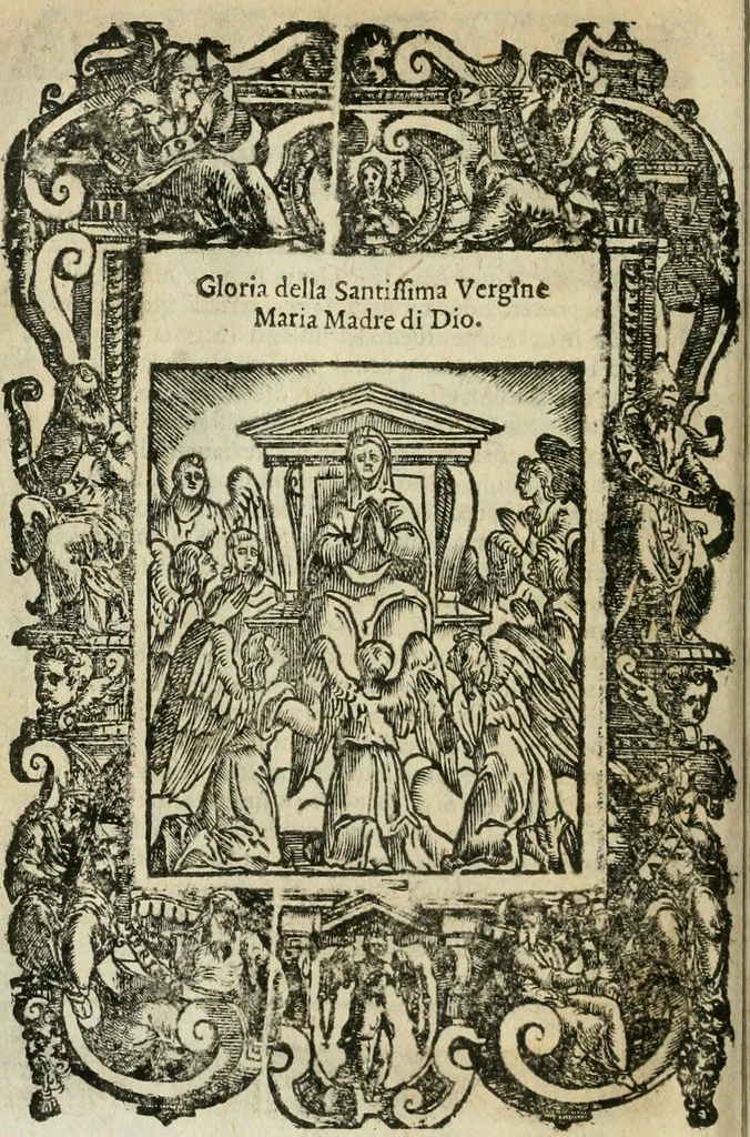 An illustration from Rosario della gloriosa Vergine Maria : con le stationi, & indulgentie delle chiese di Roma per tutto l'anno : di nuouo stampato, & ricorretto con nuoue & belle figure adornato, 1591, leaf 383
