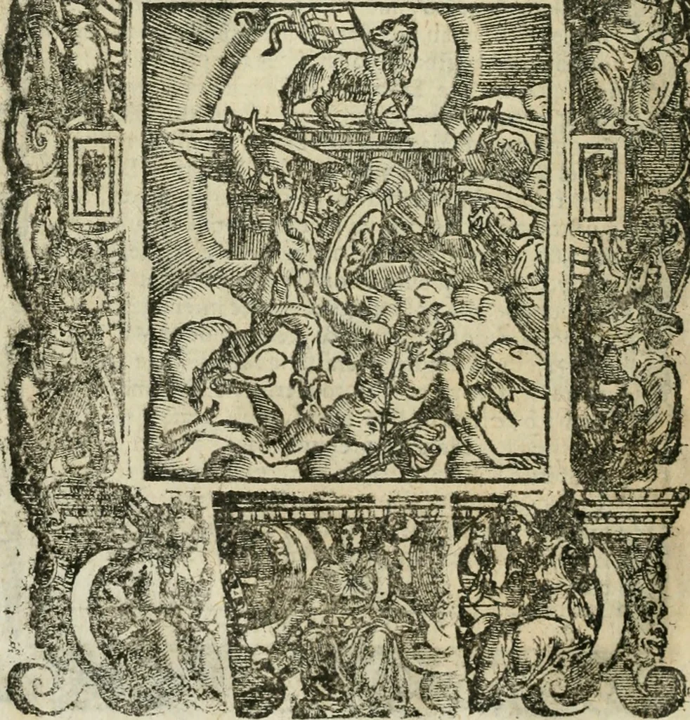 An illustration from Rosario della gloriosa Vergine Maria : con le stationi, & indulgentie delle chiese di Roma per tutto l'anno : di nuouo stampato, & ricorretto con nuoue & belle figure adornato, 1591, leaf 385