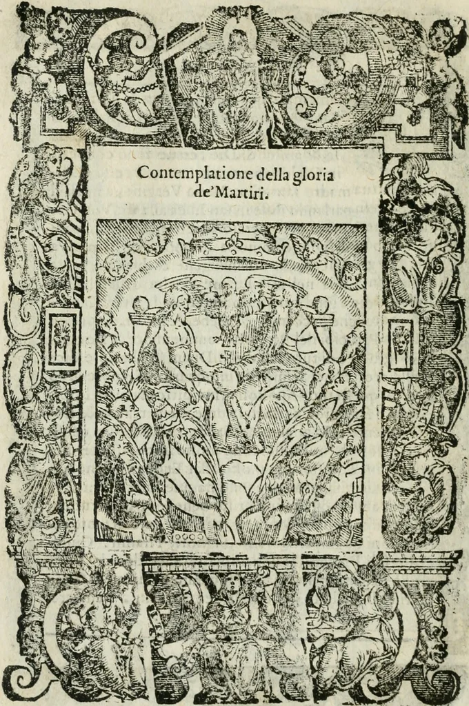 An illustration from Rosario della gloriosa Vergine Maria : con le stationi, & indulgentie delle chiese di Roma per tutto l'anno : di nuouo stampato, & ricorretto con nuoue & belle figure adornato, 1591, leaf 393