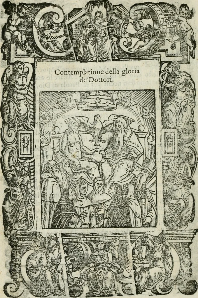 An illustration from Rosario della gloriosa Vergine Maria : con le stationi, & indulgentie delle chiese di Roma per tutto l'anno : di nuouo stampato, & ricorretto con nuoue & belle figure adornato, 1591, leaf 395