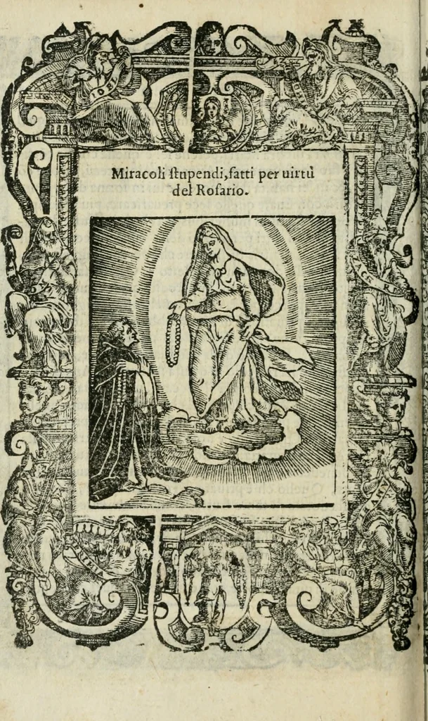 An illustration from Rosario della gloriosa Vergine Maria : con le stationi, & indulgentie delle chiese di Roma per tutto l'anno : di nuouo stampato, & ricorretto con nuoue & belle figure adornato, 1591, leaf 437