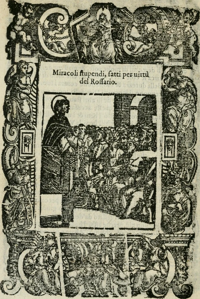 An illustration from Rosario della gloriosa Vergine Maria : con le stationi, & indulgentie delle chiese di Roma per tutto l'anno : di nuouo stampato, & ricorretto con nuoue & belle figure adornato, 1591, leaf 461
