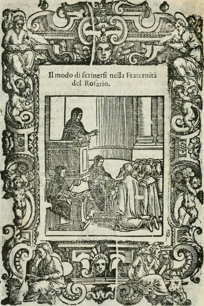 An illustration from Rosario della gloriosa Vergine Maria : con le stationi, & indulgentie delle chiese di Roma per tutto l'anno : di nuouo stampato, & ricorretto con nuoue & belle figure adornato, 1591, leaf 63