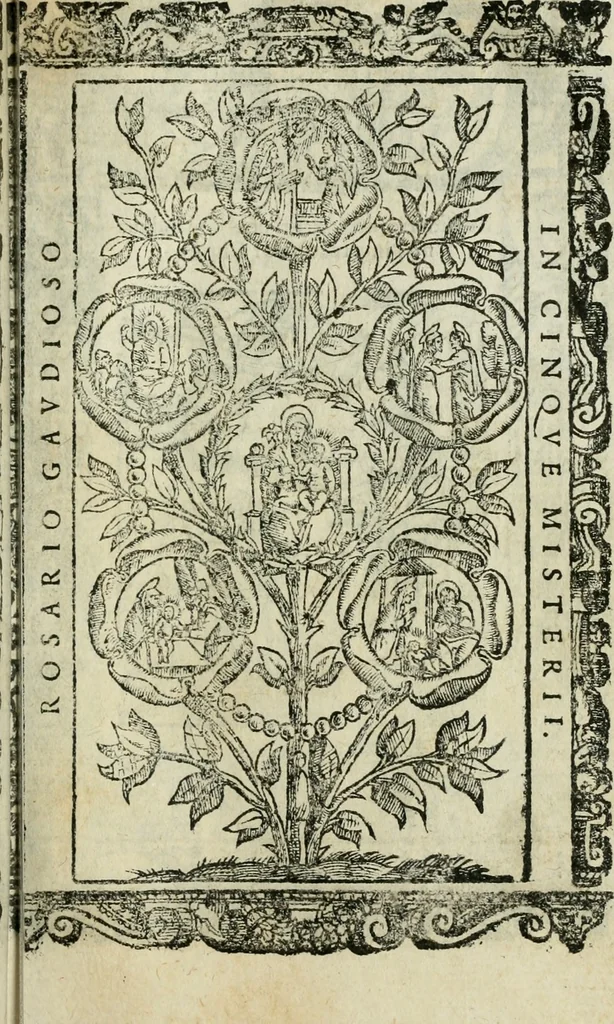 An illustration from Rosario della gloriosa Vergine Maria : con le stationi, & indulgentie delle chiese di Roma per tutto l'anno : di nuouo stampato, & ricorretto con nuoue & belle figure adornato, 1591, leaf 68