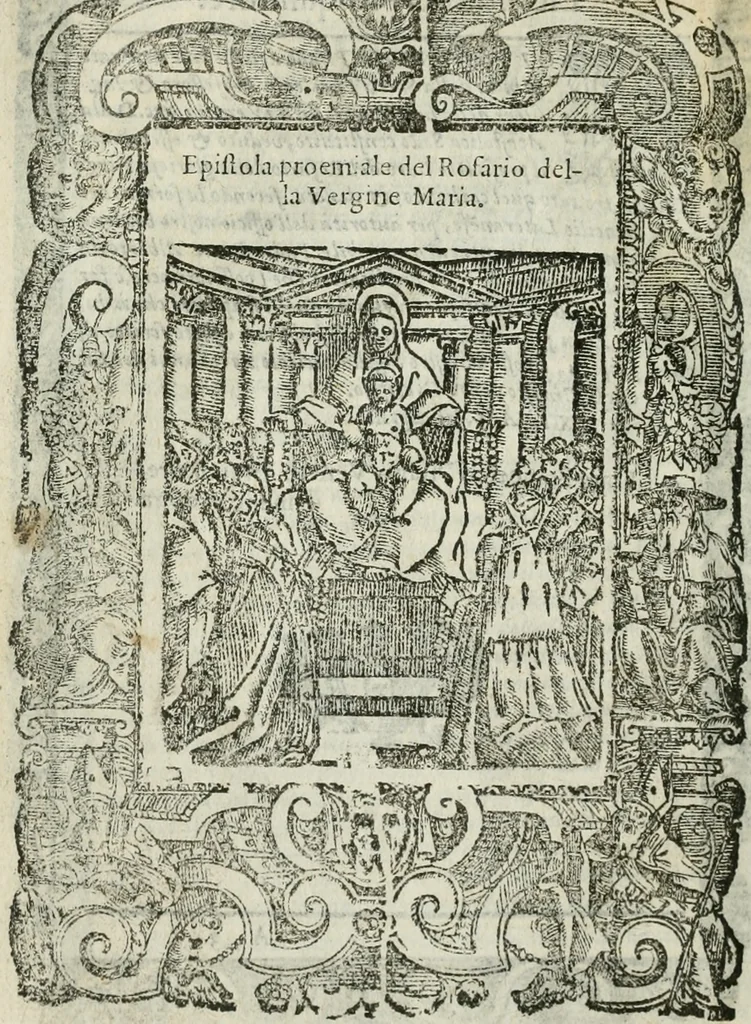 An illustration from Rosario della gloriosa Vergine Maria : con le stationi, & indulgentie delle chiese di Roma per tutto l'anno : di nuouo stampato, & ricorretto con nuoue & belle figure adornato, 1591, leaf 7