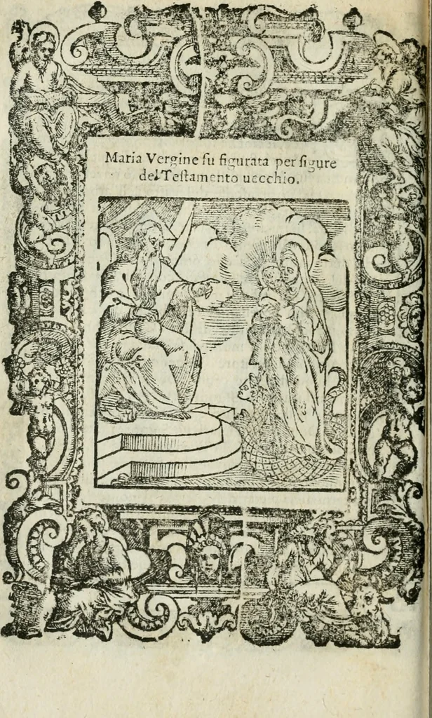 An illustration from Rosario della gloriosa Vergine Maria : con le stationi, & indulgentie delle chiese di Roma per tutto l'anno : di nuouo stampato, & ricorretto con nuoue & belle figure adornato, 1591, leaf 71