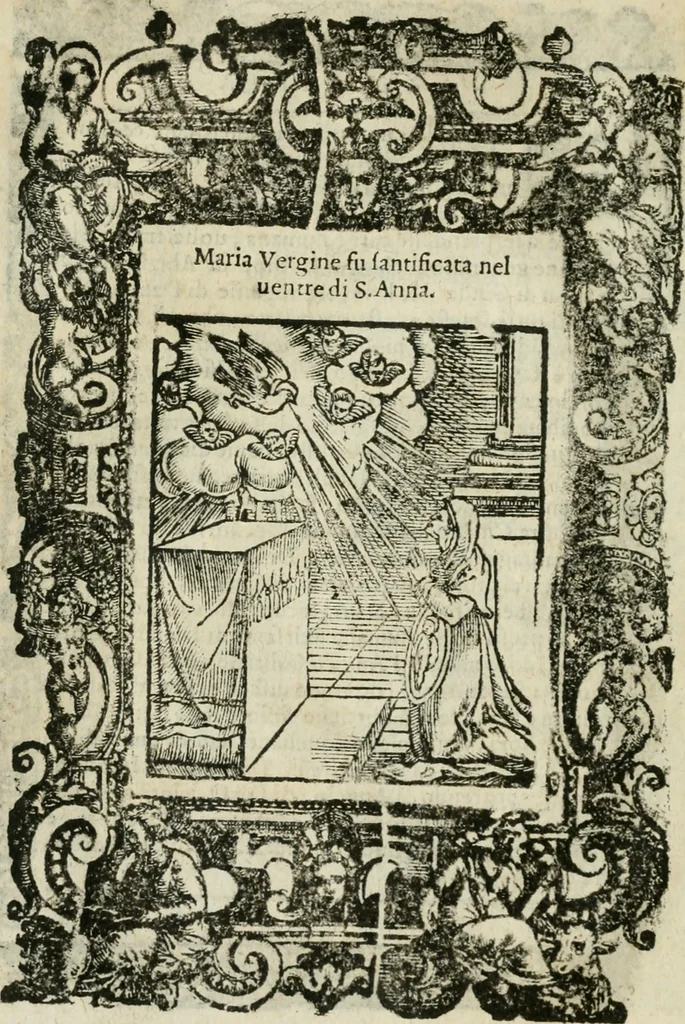 An illustration from Rosario della gloriosa Vergine Maria : con le stationi, & indulgentie delle chiese di Roma per tutto l'anno : di nuouo stampato, & ricorretto con nuoue & belle figure adornato, 1591, leaf 77