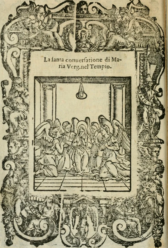 An illustration from Rosario della gloriosa Vergine Maria : con le stationi, & indulgentie delle chiese di Roma per tutto l'anno : di nuouo stampato, & ricorretto con nuoue & belle figure adornato, 1591, leaf 83