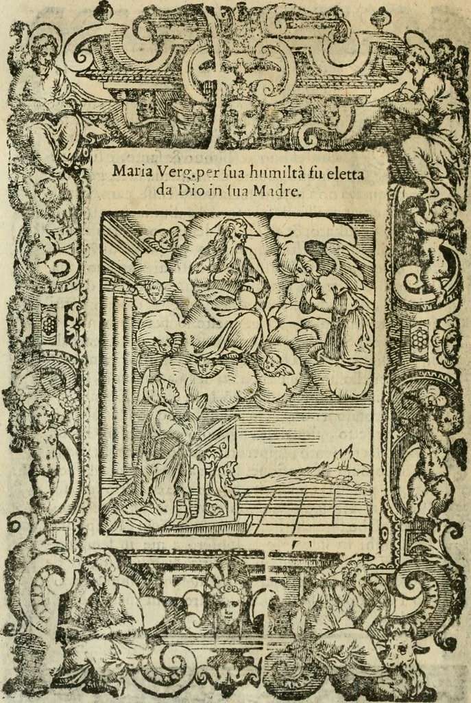 An illustration from Rosario della gloriosa Vergine Maria : con le stationi, & indulgentie delle chiese di Roma per tutto l'anno : di nuouo stampato, & ricorretto con nuoue & belle figure adornato, 1591, leaf 87