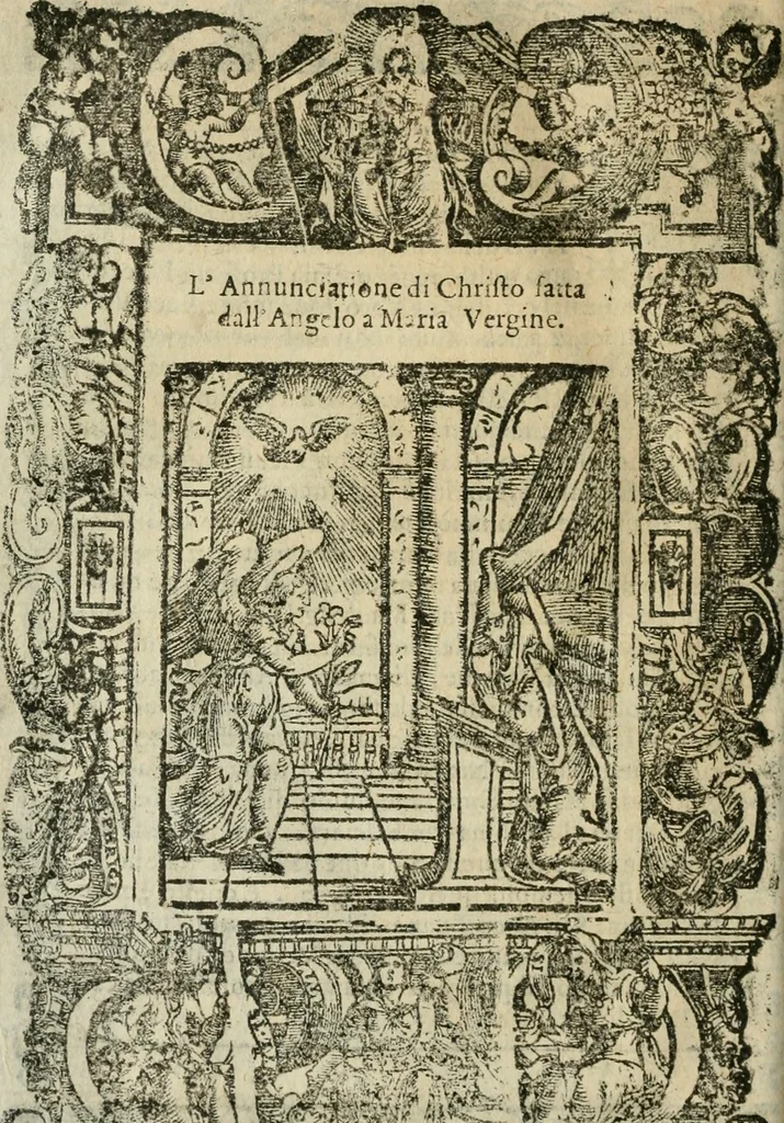 An illustration from Rosario della gloriosa Vergine Maria : con le stationi, & indulgentie delle chiese di Roma per tutto l'anno : di nuouo stampato, & ricorretto con nuoue & belle figure adornato, 1591, leaf 89
